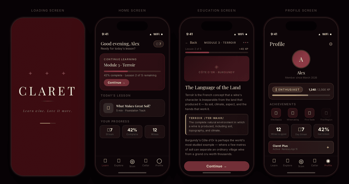 Claret app screens showing the Learn, Explore, and Cellar modules